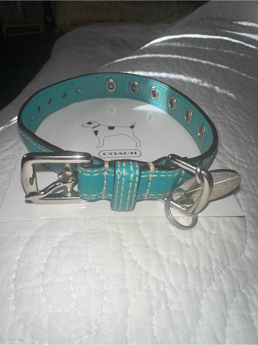 Coach XS Teal Leather Dog Collar with Silver Hardware